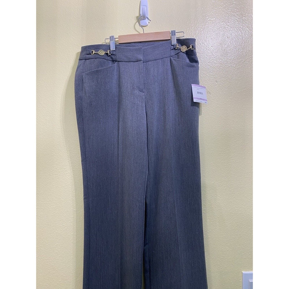 NWT Anne Klein Womens Heather Grey Dress Pants Sz 6 Gold Belt Emblems on waist